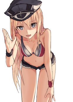 1girl :d adapted_costume bikini bikini_top_only bismarck_(kancolle) blonde_hair blue_eyes breasts cleavage commentary cutoffs hat kantai_collection leaning_forward long_hair looking_at_viewer medium_breasts open_mouth peaked_cap short_shorts shorts simple_background smile solo solo_focus swimsuit translation_request white_background wristband yukitake_(bullfalk)