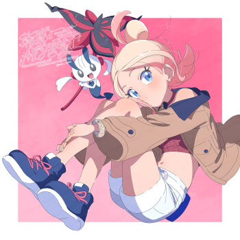 1girl blonde_hair blue_eyes blue_shorts blush border brown_jacket closed_mouth cropped_shirt floette floette_(eternal) full_body gen_6_pokemon highres jacket long_sleeves looking_at_viewer midriff navel nintendo open_clothes open_jacket outside_border pink_background pokemon pokemon_(creature) pokemon_legends:_z-a ribbed_shirt serizawa_serizane shirt shoes short_hair shorts simple_background sitting solo standing taunie_(pokemon) watermark white_border