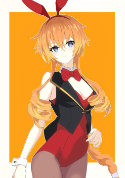 1girl absurdres alternate_costume bare_shoulders blue_eyes bow bowtie breasts date_a_live highres leotard long_hair medium_breasts nontraditional_playboy_bunny orange_hair pantyhose playboy_bunny red_bow red_bowtie red_leotard sidelocks solo vest wrist_cuffs yamai_yuzuru yatogami_rema