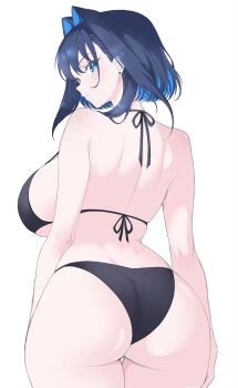 1girl ass back blue_eyes blue_hair breasts earrings from_behind hand_on_own_hip highres hololive hololive_english huge_ass jewelry large_breasts looking_at_viewer mintikmeow ouro_kronii short_hair sideboob single_earring solo swimsuit virtual_youtuber white_background