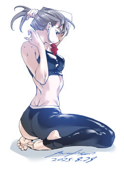 1girl adjusting_hair ass brown_hair feet highres nabipenciller pants simple_background sweat sweatdrop tagme tying_hair white_background