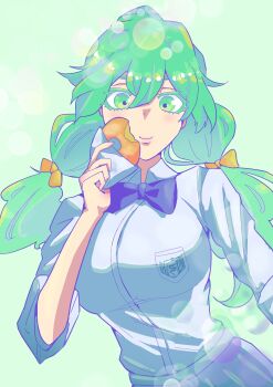 1girl bleach bleach:_sennen_kessen-hen blouse breasts eating espada green_eyes green_hair large_breasts long_hair nelliel_tu_odelschwanck official_alternate_costume ribbon school_uniform shirt skirt smile solo spinosaur1111 twintails upper_body