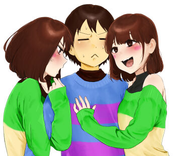 Rule 34 | 3others, :<, :d, alternate universe, anger vein, arm hug, blue sweater, blush, blush stickers, chara (underlust), chara (undertale), double horizontal stripe, fang, frisk (undertale), hand on another's chest, heart soma, highres, medium hair, multiple others, off-shoulder sweater, off shoulder, open mouth, short hair, smile, striped clothes, striped sweater, sweat, sweater, underlust, undertale, utdr (toby fox)