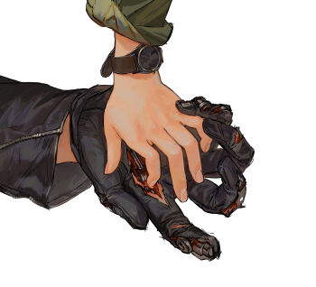 2boys absurdres black_gloves black_jacket blood close-up fingernails gloves green_shirt hand_focus highres holding_hands injury jacket john_connor joints leather leather_gloves leather_jacket male_focus mechabare multiple_boys robot_joints rora_(auroradiation) shirt simple_background sleeves_rolled_up t-800 terminator_(series) terminator_2:_judgment_day torn_clothes torn_gloves unzipped watch white_background wristwatch