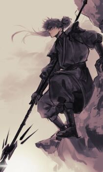 1boy absurdres armor baggy_pants black_eyes black_gloves black_hair floating_hair full_body gloves hair_bun highres holding holding_polearm holding_weapon logicsterrr looking_to_the_side male_focus pants polearm serious shadow_slave shoulder_armor solo spear squatting sunny_(shadow_slave) weapon wind