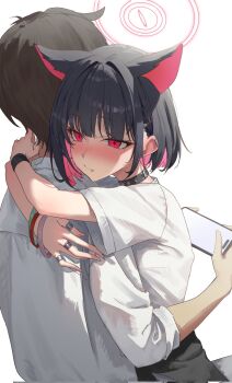 1boy 1girl animal_ears black_choker blue_archive blush cat_ears choker closed_mouth colored_inner_hair corrupted_twitter_file ear_piercing extra_ears fang fang_out halo hashtag-only_commentary hetero highres holding holding_phone hug jewelry kazusa_(band)_(blue_archive) kazusa_(blue_archive) multicolored_hair multiple_rings neptune_illust phone piercing pink_hair red_eyes ring sensei_(blue_archive) shirt short_sleeves simple_background white_background white_shirt wristband