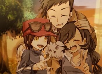 10s 1girl 2boys blush brown_hair calem_(pokemon) closed_eyes coat emma_(pokemon) espurr eyewear_on_head gen_6_pokemon hand_on_another&#039;s_head hug jacket long_hair looker_(pokemon) multiple_boys necktie nintendo open_mouth pokemon pokemon_(creature) pokemon_xy ric_(aceradio) sunglasses sunset trench_coat yellow_eyes