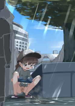 1girl absurdres anus bar_censor baseball_cap blue_shorts blush breasts brown_eyes brown_hair building censored clothes_pull cloud collarbone denim denim_shorts grey_hat grey_shirt hands_on_own_knees hat highres hotel light_rays loli long_hair looking_down open_mouth original panties panty_pull pee_stain peeing ponytail puddle purple_shoes pussy shirt shoes short_sleeves shorts shorts_pull sky small_breasts sneakers spread_legs squatting stained_panties steam sunbeam sunlight tree udonko_(tinanago7715) underwear white_panties