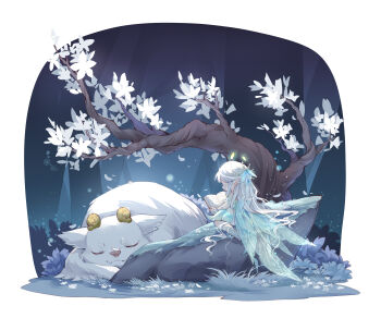 1girl absurdres barefoot book border butterfly_hair_ornament chibi chinese_commentary commentary_request dress fairy fairy_wings falling_petals flower flower_dress forest forest_ripple_(infinity_nikki) from_behind frostbound_behemoth_(infinity_nikki) green_dress green_wings hair_ornament hair_spread_out highres holding holding_book infinity_nikki kneeling light_particles long_hair low_wings medium_dress nature night nikki_(series) nuli_de_chengzhi_er off-shoulder_dress off_shoulder open_book outdoors petals pointy_ears reading rock sleeping tree very_long_hair wavy_hair white_border white_flower white_hair wings