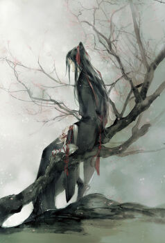 1boy black_boots black_hair black_hanfu boots branch cherry_blossoms chinese_clothes facing_away faux_traditional_media flower flute flute_tassel from_behind hair_ribbon hanfu high_ponytail holding holding_jug holding_string in_tree ink_wash_painting instrument jug_(bottle) kcllzas163 light_particles long_hair long_sleeves male_focus modao_zushi outdoors pink_flower ponytail red_ribbon red_sash ribbon robe rock sash sidelocks sitting sitting_in_tree solo string string_of_fate tassel third-party_source tree very_long_hair wei_wuxian wide_sleeves