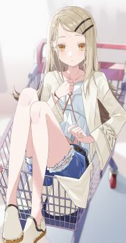 1girl absurdres belt blonde_hair blurry blurry_background blush brown_belt camisole closed_mouth collarbone colored_eyelashes commentary_request crocs denim denim_shorts depth_of_field earrings eimizzzzz expressionless fingernails flipped_hair full_body gakuen_idolmaster hair_ornament hairclip hand_on_own_chest hand_up highres idolmaster in_shopping_cart jewelry long_hair looking_at_viewer midriff_peek orange_eyes orange_ribbon parallel_hairclips parted_bangs ribbon robe rope_belt shinosawa_hiro shoes shopping_cart shorts sitting solo stud_earrings white_camisole white_robe white_shoes