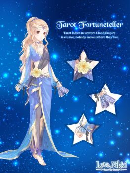 1girl anklet arabian_clothes arm_cutout artist_request bare_shoulders barefoot barefoot_sandals_(jewelry) belt between_fingers black_ribbon black_sash blonde_hair blue_shirt blue_skirt breasts brown_eyes card card_between_fingers circlet cleavage close-up closed_mouth clothing_cutout cropped_shirt dot_nose english_text flower forehead frilled_sleeves frills full_body grey_leggings hair_flower hair_ornament hair_scrunchie holding holding_card jewelry leg_cutout leggings light_blush lips long_hair long_skirt long_sleeves looking_at_viewer medium_breasts midriff miracle_nikki navel nikki_(series) official_art outline pink_lips ponytail puffy_long_sleeves puffy_sleeves purple_flower purple_scarf ribbon sash scarf scrunchie shirt shoulder_cutout sidelocks skirt sleeve_ribbon sleeves_past_wrists smile solo space standing star_(sky) tarot tarot_card tarot_fortuneteller_(miracle_nikki) third-party_source toes very_long_hair wavy_hair white_outline wide_sleeves yellow_belt yellow_flower