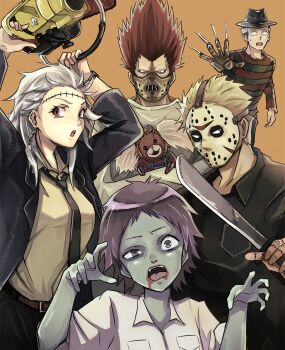 2girls 3boys a_nightmare_on_elm_street animal belt black_shirt blonde_hair blood blood_on_face chainsaw child&#039;s_play chucky chucky_(cosplay) collared_shirt cosplay dorohedoro ear_piercing earrings ebisu_(dorohedoro) en_(dorohedoro) fedora freddy_krueger freddy_krueger_(cosplay) friday_the_13th fujita_(dorohedoro) hannibal_lecter hannibal_lecter_(cosplay) hat highres hockey_mask holding holding_animal holding_chainsaw holding_weapon jason_voorhees jason_voorhees_(cosplay) jewelry kikurage_(dorohedoro) leatherface leatherface_(cosplay) machete mask multicolored_hair multiple_boys multiple_girls necktie noi_(dorohedoro) open_mouth orange_background osakanaotoko overalls piercing power_tool purple_hair red_eyes red_hair shin_(dorohedoro) shirt simple_background straitjacket the_silence_of_the_lambs the_texas_chainsaw_massacre two-tone_hair weapon white_shirt