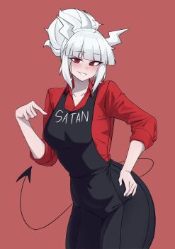 1girl apron black_apron black_tail demon_girl demon_horns demon_tail helltaker highres horns k_dhen lucifer_(helltaker) mole mole_under_eye red_background red_eyes red_shirt shirt simple_background smile solo tail white_horns
