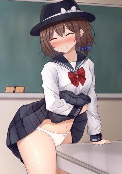 1girl black_hat black_skirt blue_bow blush bow bowtie breasts brown_hair closed_eyes closed_mouth crotch_rub female_masturbation hair_between_eyes hair_bow hat hat_bow highres indoors leaning_forward lifting_own_clothes masturbation medium_hair miniskirt navel panties pleated_skirt red_bow red_bowtie sailor_collar school_uniform serafuku shirt skirt small_breasts solo suigetsu_(watermoon-910) table_humping thighs touhou underwear usami_renko white_bow white_panties white_shirt