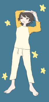 1girl akagi_miria alternate_costume arm_over_head barefoot black_hair blue_background closed_mouth full_body highres idolmaster idolmaster_cinderella_girls ketsuro looking_to_the_side orange_eyes pants raglan_sleeves shirt short_hair simple_background smile solo standing star_(symbol) star_symbol_background stretching sweatpants white_pants white_shirt