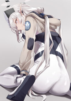 1girl ass blue_archive bodysuit brown_jacket commentary_request earclip from_behind grey_background halo head-mounted_display highres himari_(armed)_(blue_archive) himari_(blue_archive) jacket long_hair multicolored_halo official_alternate_costume pointy_ears simple_background skin_tight smile solo two-tone_halo very_long_hair white_bodysuit white_eyes white_hair yu_ni_t