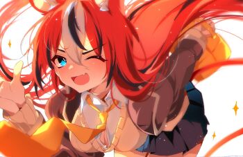 ;d animal_ear_fluff animal_ears bag bent_over black_skirt black_streaks blue_eyes brown_jacket commentary english_commentary fang hakos_baelz highres holding holding_bag hololive hololive_english jacket long_hair mouse_ears mouse_girl mouse_tail necktie one_eye_closed open_mouth pleated_skirt red_hair school_uniform shirt skirt smile sweater tail the0neulost virtual_youtuber white_background white_shirt white_streaks yellow_necktie