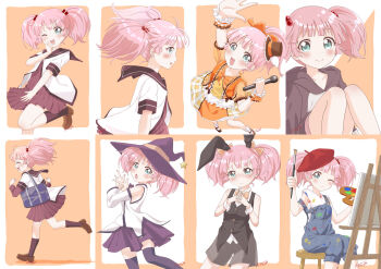 1girl :d :s ;) ;d absurdres ahoge animal_ears aqua_eyes art_brush bag bare_arms bare_shoulders beret black_socks black_vest blue_overalls blunt_bangs blush border bow bowtie brown_hoodie brown_sailor_collar brown_shoes brown_socks buttons canvas_(object) clenched_hand closed_eyes closed_mouth collarbone collared_shirt commentary_request compilation cosplay d: detached_sleeves dress easel embarrassed fake_animal_ears feet_out_of_frame frills from_side full_body grey_shorts hair_bobbles hair_bow hair_ornament hand_up hat highres holding holding_microphone holding_paint_palette holding_paintbrush hood hoodie horns idol_clothes knees knees_up layered_sleeves leg_up light_blush loafers long_sleeves looking_at_viewer machiyama_akane microphone mini_hat mirakurun mirakurun_(cosplay) multiple_girls nanamori_school_uniform nontraditional_playboy_bunny one_eye_closed open_mouth orange_background orange_border orange_bow orange_bowtie outside_border overalls own_hands_clasped own_hands_together paint paint_palette paint_stains paintbrush painting_(action) painting_(object) pink_hair pleated_dress purple_skirt purple_thighhighs rabbit_ears red_dress red_hat running sailor_collar sailor_shirt school_bag school_uniform shadow shirt shoes short_dress short_hair short_over_long_sleeves short_sleeves shorts signature simple_background single_horn sitting skirt sleeveless sleeveless_shirt smile socks solo standing star_(symbol) stool t-shirt thighhighs top_hat tsuki_ni_kawatte_oshioki_yo twintails vest wand white_background white_border white_shirt white_socks white_wrist_cuffs witch_hat wrist_cuffs yellow_dress yoshikawa_chinatsu yuruyuri zettai_ryouiki