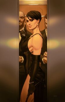 1girl 2boys batman_(series) black_dress black_gloves black_hair black_jacket black_suit bracelet comic_cover dc_comics dress earrings elbow_gloves elevator fingernails formal_clothes gloves green_eyes highres indoors jacket jewelry jswayart long_fingernails looking_at_viewer multiple_boys official_art pearl_bracelet pearl_earrings selina_kyle shirt short_hair side_slit signature sleeveless sleeveless_dress suit textless_version white_shirt