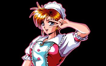 1girl 2_shot_diary :d blue_eyes brown_hair collared_shirt game_cg looking_at_viewer mink open_mouth pc-98_(style) puffy_short_sleeves puffy_sleeves shirt short_hair short_sleeves smile solo upper_body v v_over_eye