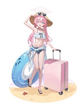 absurdres beach bikini blue_archive blue_eyes clothes_around_waist commentary denim denim_shorts fang foreclosure_task_force_(blue_archive) frilled_bikini frills halo hand_on_headwear hat heart heart-shaped_eyewear hido88 highres hoshino_(blue_archive) hoshino_(swimsuit)_(blue_archive) innertube jacket jacket_around_waist low_twintails ocean one_eye_closed open_mouth pink_hair pink_halo rolling_suitcase sandals shorts suitcase sunglasses swim_ring swimsuit tinted_eyewear twintails white_background white_bikini