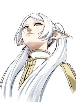1girl absurdres artrextino earrings elf eyelashes frieren grey_eyes highres jewelry long_hair looking_at_viewer meme pointy_ears simple_background smile solo sousou_no_frieren twintails upper_body upward_angle_frieren_drawing_(meme) white_background white_hair
