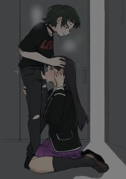 2girls bang_dream! bang_dream!_it&#039;s_mygo!!!!! black_choker black_jacket black_pants black_socks brown_shoes choker commentary_request daimyo0208 fellatio futa_with_female futanari haneoka_school_uniform highres jacket kneehighs kneeling mole mole_under_eye multiple_girls open_fly oral pants penis purple_eyes purple_skirt school_uniform shiina_taki shoes short_hair skirt socks torn_clothes torn_pants trembling yahata_umiri