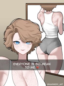1girl absurdres artist_name ass ass_freckles body_freckles breast_freckles breasts broken_heart cleavage coldstream_(marinerx) emoji english_text everyone_is_so_mean_2_me_(meme) freckles heart highres huge_ass large_breasts marinerx meme mirror original selfie short_hair shoulder_freckles snapchat tagme tank_top tomboy underwear white_tank_top