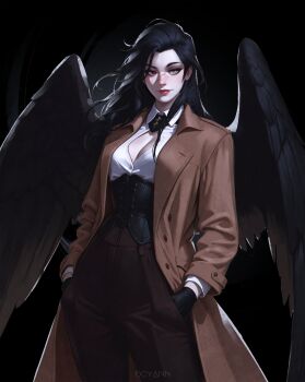 1girl absurdres artist_name black_corset black_gloves black_hair black_wings breasts brown_coat brown_pants coat corset dcyann fallen_angel feathered_wings gloves grey_eyes hands_in_pockets heterochromia highres long_hair open_clothes open_coat original pants red_eyes scar scar_on_face scar_on_nose shirt small_breasts solo white_shirt wings