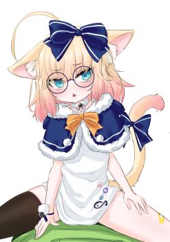 1girl absurdres ahoge animal_ear_fluff animal_ears asymmetrical_legwear bandaid bandaid_on_leg bell black_thighhighs blonde_hair blue_bow blue_eyes blush bow capelet cat_ears cat_girl collar fang fur-trimmed_capelet fur_trim glasses green_hoodie hair_bow highres hood hoodie indie_virtual_youtuber looking_at_viewer lying medium_hair minikomew muffler multicolored_hair on_back orange_bow pom_pom_(clothes) ritspi shirt simple_background sitting sitting_on_person skin_fang solo_focus tail tail_bow tail_ornament thighhighs vedal987 virtual_youtuber white_background white_shirt