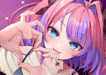 +_+ 1girl absurdres black_bra black_ribbon blue_eyes blush bra bra_over_clothes clothing_cutout collarbone commentary hair_intakes hair_ribbon heart heart_hands highres hololive hololive_dev_is kikirara_vivi long_hair looking_at_viewer multicolored_hair open_mouth pink_background pink_hair purple_hair ribbon shagaihi shirt shoulder_cutout smile solo sparkle_print symbol-only_commentary two-tone_hair underwear virtual_youtuber white_shirt