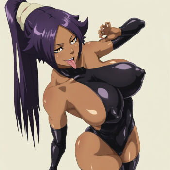 1girl bare_shoulders black_leotard black_thighhighs bleach bleach:_sennen_kessen-hen breasts collarbone dark-skinned_female dark_skin fellatio_gesture female_focus hair_ornament large_breasts legs_together leotard long_hair open_mouth parted_bangs ponytail purple_hair shihouin_yoruichi shiny_skin sideboob simple_background solo solo_focus suzuki_shun thighhighs thighs tongue tongue_out yellow_eyes