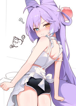 1girl ? absurdres ahoge aqua_eyes arms_at_sides ass black_shorts blush camisole closed_mouth commentary_request cone_hair_bun cowboy_shot crop_top dolphin_shorts double_bun fox_girl from_behind hair_bun hair_intakes hair_ornament hair_rings heterochromia highres inari_(tenko_shibuki) korean_commentary looking_at_viewer looking_back median_furrow micro_shorts orange_eyes parted_bangs pink_pupils pom_pom_(clothes) pom_pom_hair_ornament purple_tail seulpeunna shorts solo spaghetti_strap standing stellive strap_slip sweat tail tenko_shibuki turning_head v-shaped_eyebrows virtual_youtuber white_background white_camisole yellow_pupils