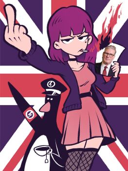 1girl 2boys :/ amelia_(pathways) armband atomiksaico belt bird black_collar blunt_bangs breasts british_union_of_fascists burning burning_paper burning_photo cigarette collar commentary crossover cup disdain dress feathers_mcgraw feet_out_of_frame fishnet_over-kneehighs fishnets flag_background hat highres holding holding_cup holding_photo jacket jacket_over_dress jitome keir_starmer layered_clothes lightning_bolt_symbol looking_at_viewer medium_hair middle_finger mole mole_under_eye multiple_boys narrowed_eyes open_clothes open_jacket outstretched_arm over-kneehighs pathways_(game) peaked_cap penguin photo_(object) photo_inset pink_dress purple_hair purple_jacket reaching reaching_towards_viewer real_life red_armband salute sanpaku small_breasts smoking standing straight-arm_salute teacup thighhighs union_jack united_kingdom wallace_&amp;_gromit