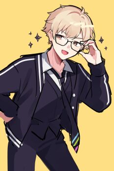 Rule 34 | 1boy, adjusting eyewear, black-framed eyewear, black jacket, black necktie, black pants, black sweater vest, blonde hair, blush, brown eyes, buttons, collared shirt, commentary request, cowboy shot, glasses, hand on own hip, highres, jacket, male focus, mikoshiba jin, necktie, nijisanji, open clothes, open jacket, open mouth, pants, school uniform, shirt, short hair, simple background, solo, sparkle, standing, sweater vest, v-shaped eyebrows, virtual talent academy, virtual talent academy school uniform, virtual youtuber, waka (wk4444), white shirt, yellow background