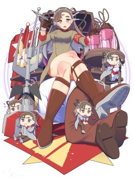 1boy 5girls absurdres alexander_romanov armband blouse bottle brain brown_hair chibi command_&amp;_conquer command_&amp;_conquer:_red_alert command_&amp;_conquer:_red_alert_2 fangs forehead_tattoo full_body genderswap genderswap_(mtf) gloves gradient_hair grey_eyes grey_hair hadaparuka hammer_and_sickle high_heels highres holding jar long_hair military military_uniform multicolored_eyes multicolored_hair multiple_girls open_mouth psychic_beacon_(command_&amp;_conquer:red_alert_2) purple_eyes shirt sitting sitting_on_person skin_fangs skirt soviet soviet_flag tattoo white_shirt yuri_(c&amp;c)
