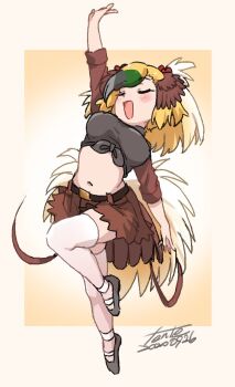 1girl arm_up belt bird_tail black_hair blonde_hair closed_eyes dated fanta_(the_banana_pistols) full_body greater_bird-of-paradise_(kemono_friends) green_hair grey_hair head_wings highres kemono_friends medium_hair midriff_peek miniskirt multicolored_hair navel open_mouth outstretched_arms outstretched_leg skirt smile solo stomach stretching tail thighhighs wings