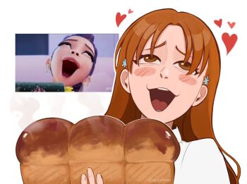 1girl bleach blush_stickers bread brown_eyes commentary food heart highres holding holding_food inoue_orihime kpop_demon_hunters loaf_of_bread long_hair luvlyroseve open_mouth orange_hair reference_inset rumi_sniffing_kimbap_(meme) scene_reference solo steam symbol-only_commentary