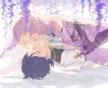 1boy 1girl absurdres arm_cutout armor black_bodysuit black_hair blonde_hair blue_feathers blue_sleeves blue_trim bodysuit breast_press breasts bridal_gauntlets cleavage closed_eyes closed_mouth clothing_cutout couple covered_collarbone detached_sleeves dress eyelashes eyeliner eyeshadow facing_another feather_hair_ornament feathers flower furisode genshin_impact girl_on_top gold_ring grey_bridal_gauntlets hair_ornament halterneck hand_on_another's_back hashtag-only_commentary hetero highres imminent_kiss japanese_armor japanese_clothes kimono kote kurokote layered_sleeves lumine_(genshin_impact) makeup medium_breasts middle_ring purple_veil red_eyeliner red_eyeshadow sanim12607849 scaramouche_(genshin_impact) scarf shared_veil short_hair short_hair_with_long_locks sidelocks smile twitter_username vambraces veil wanderer_(genshin_impact) watermark white_dress white_kimono white_scarf white_sleeves wisteria