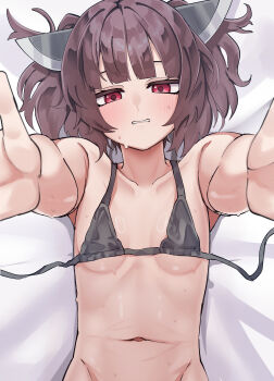 1girl absurdres black_hair blush bra breasts cotan_(actancyaga) groin highres loli navel off_shoulder on_bed red_eyes ribs small_breasts solo sweat sweatdrop thighs touhoku_kiritan underwear voiceroid