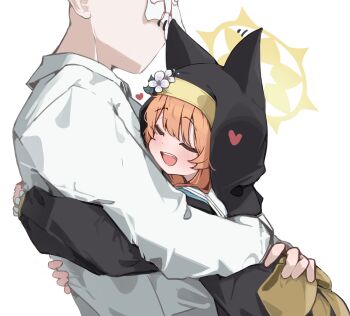 1boy 1girl absurdres animal_ears back_bow black_dress blue_archive blush bow cat_ears closed_eyes doodle_sensei_(blue_archive) dress halo highres hug long_sleeves mangotonic mari_(blue_archive) nun open_mouth orange_hair sailor_collar sensei_(blue_archive) shirt smile white_sailor_collar white_shirt yellow_bow yellow_halo