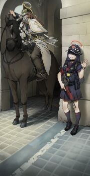 2girls absurdres black_hair blue_archive british_army brown_hair brown_horse cavalry cavalry_helmet cavalry_sword chickenapple33 halo helmet highres horse horseback_riding justice_task_force_member_(blue_archive) long_hair looking_at_viewer metropolitan_police_service military military_uniform multiple_girls police police_uniform riding saber_(weapon) saddle_blanket sheath stirrups_(riding) sword tea_party_militant_(blue_archive) united_kingdom vest_pouch waving_arm weapon