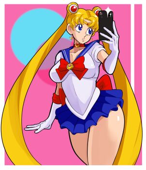 1girl absurdres back_bow bishoujo_senshi_sailor_moon blonde_hair blue_eyes blue_sailor_collar bow cellphone choker circlet crescent crescent_choker crescent_earrings double_bun earrings elbow_gloves gloves hair_bun hair_ornament heart highres holding holding_phone jewelry long_hair miniskirt parted_bangs pepperoniraviol phone red_bow red_choker sailor_collar sailor_moon sailor_senshi_uniform selfie skirt smartphone solo taking_picture thick_thighs thighs transformation_brooch_(sailor_moon) tsukino_usagi twintails white_gloves