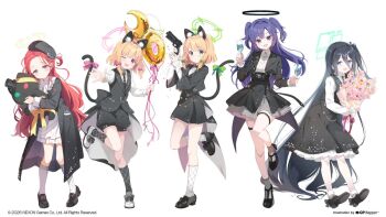 5girls animal_ears aris_(blue_archive) balloon beret black_hair black_jacket black_shorts black_vest blonde_hair blue_archive blue_eyes bobby_socks bouquet bow cat_ears cocktail_glass commentary_request cup drinking_glass flower full_body green_eyes green_halo gun hair_between_eyes hair_bow halo handgun hat holding holding_bouquet hugging_doll hugging_object jacket kneehighs loafers long_hair long_sleeves looking_at_viewer mary_janes mechanical_halo medium_skirt midori_(blue_archive) miniskirt momoi_(blue_archive) multiple_girls official_art ohara_tometa one_eye_closed one_side_up open_mouth pink_halo promotional_art purple_eyes purple_hair red_eyes red_hair shirt shoes short_hair shorts skirt socks tail thigh_strap two_side_up very_long_hair vest weapon white_background white_shirt yuuka_(blue_archive) yuzu_(blue_archive)