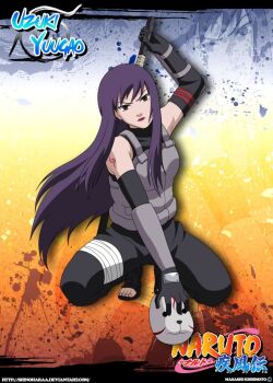 Rule 34 | black sandals, brown eyes, colorful, gloves, konohagakure anbu uniform, long hair, mask, naruto (classic), naruto (series), ninja, purple hair, red lips, sandals, squatting, sword, uzuki yuugao, weapon