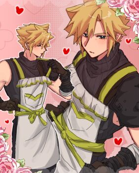 Rule 34 | 1boy, adjusting apron, apron, aqua eyes, armor, bandaged arm, bandages, black pantyhose, black shirt, blonde hair, brown gloves, closed eyes, cloud strife, commentary request, cow, final fantasy, final fantasy vii, final fantasy vii: ever crisis, flower, frilled apron, frills, gloves, green apron, hair between eyes, highres, light blush, male focus, multiple views, official alternate costume, pantyhose, parted bangs, pauldrons, pink background, pink flower, pink rose, ribbed shirt, rose, shirt, short hair, shoulder armor, single bare shoulder, single pauldron, sleeveless, sleeveless turtleneck, solo, spiked hair, suisui 434, turtleneck, upper body