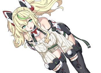 1girl bent_over black_boots blonde_hair boots breasts character_request cleavage copyright_request green_eyes highres huanxiang_huifeng large_breasts long_hair off-shoulder_sweater off_shoulder open_mouth solo sweater thigh_boots twintails white_sweater