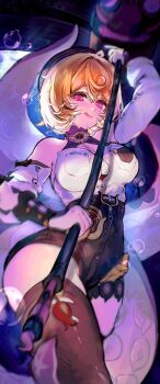 1girl arm_up asymmetrical_shorts bare_shoulders beret black_hat blonde_hair blurry blurry_foreground blush breasts brown_thighhighs bubble button_gap closed_mouth commentary cowboy_shot detached_sleeves hammer hat high-waist_shorts highres holding holding_hammer holding_weapon htbjca3l large_breasts licking_lips looking_at_viewer mole mole_under_mouth purple_eyes purple_nails shirt short_hair shorts single_thighhigh solo suction_cups tentacle_girl tentacle_tail tentacles thighhighs tongue tongue_out torn_clothes torn_thighhighs weapon white_shirt yidhari_murphy zenless_zone_zero