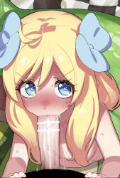 1boy 1girl animated annoyed antenna_hair bar_censor blonde_hair blue_bow blue_eyes blush bow breasts censored collarbone completely_nude deepthroat embarrassed eyebrows eyelashes fellatio fingernails from_above hair_bow half-closed_eyes heart heart-shaped_pupils hetero interspecies irrumatio jashin-chan jashin-chan_dropkick lamia large_penis leaning_forward long_hair looking_at_viewer looking_up looping_animation mizumizuni monster_girl nipples nose_blush nude oral penis petite pov pov_crotch saliva small_breasts snake_tail solo_focus sweat symbol-shaped_pupils tagme tail tsundere veins veiny_penis video